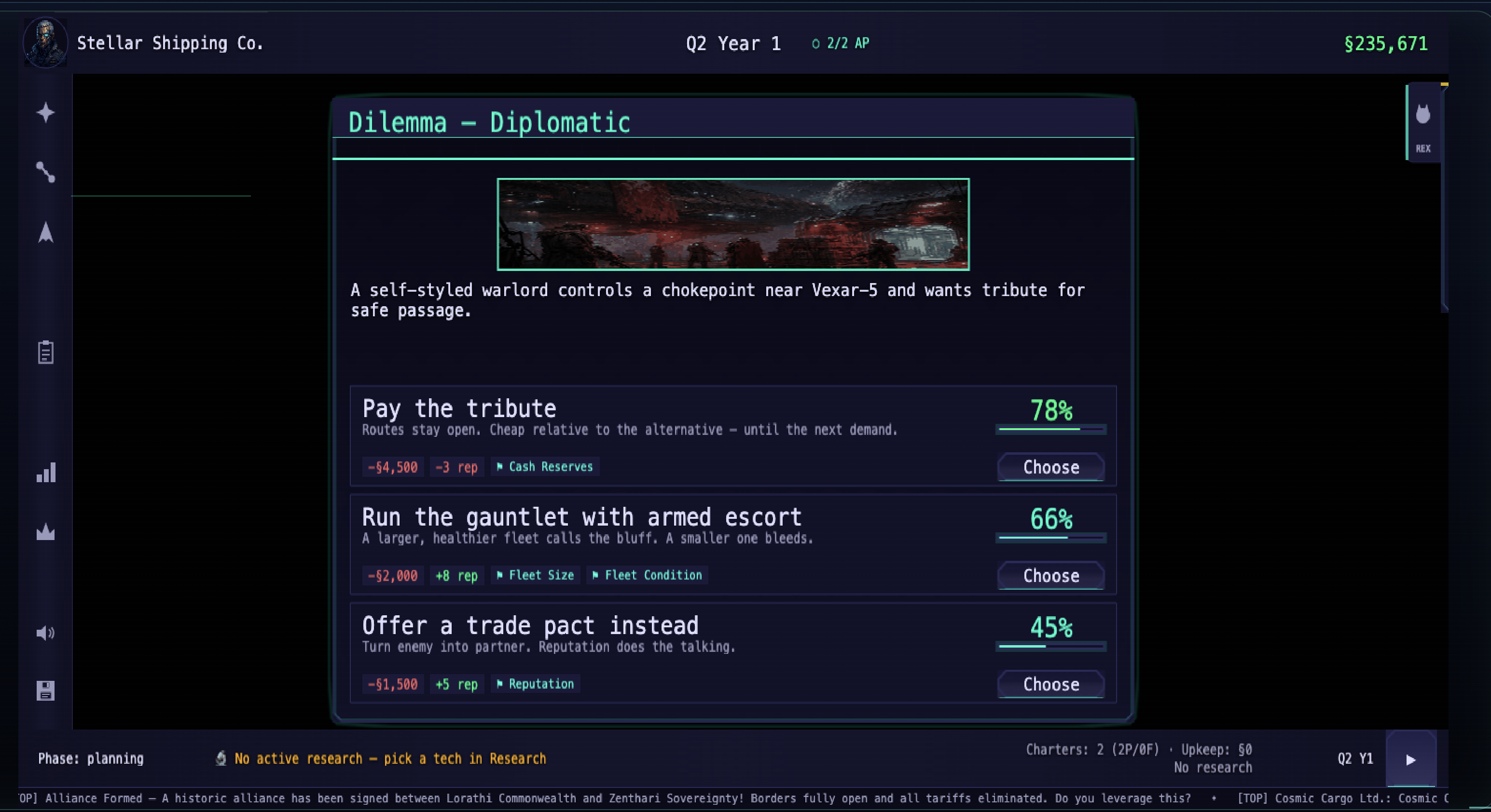 Close-up of a diplomatic dilemma showing choice cards, success-rate bars, costs, reputation changes, and contextual tags